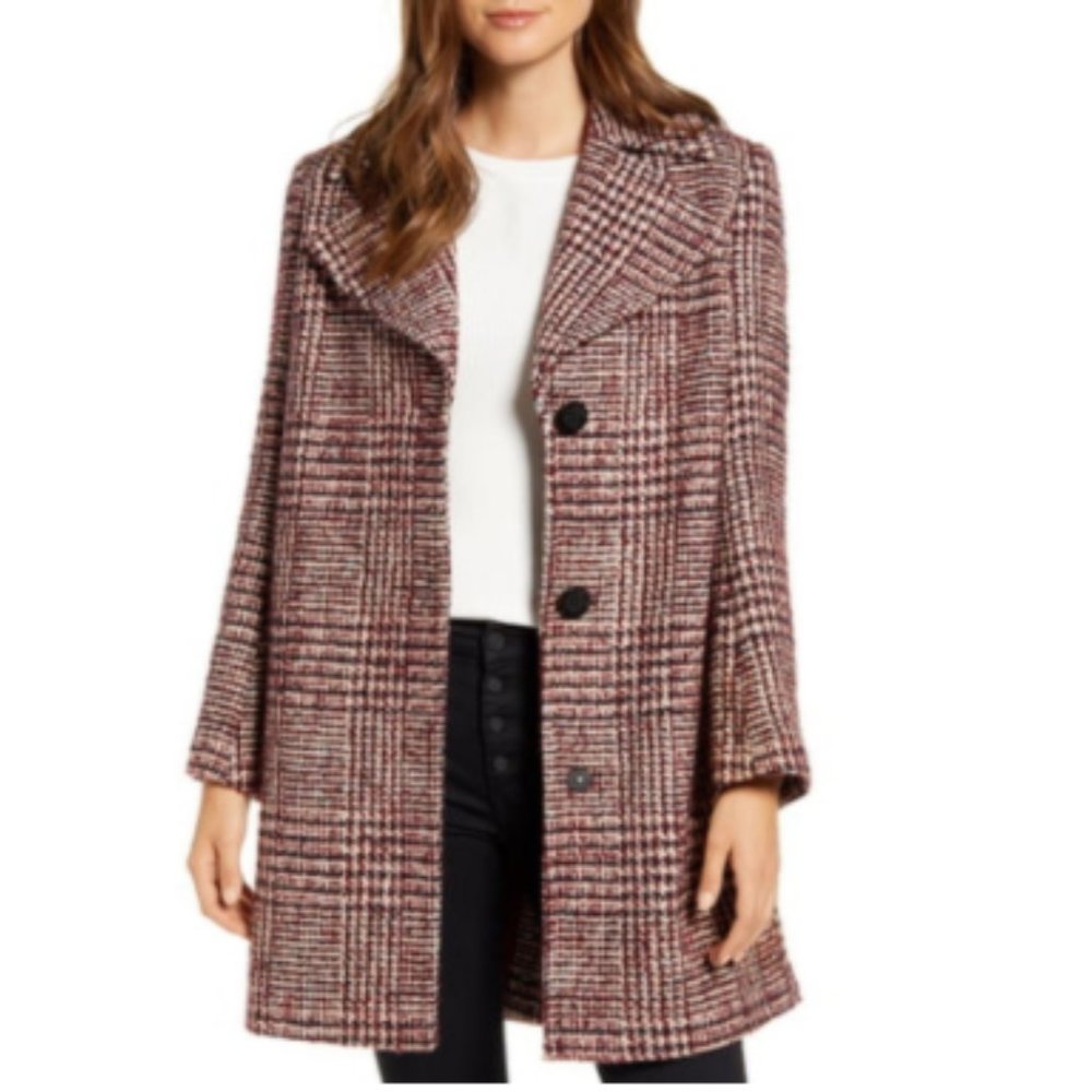 Sam Edelman Grid Plaid Pleat Back Wool Blend Coat